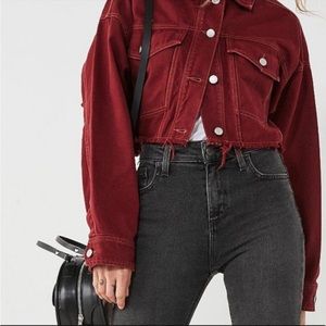 BDG Womens Maroon Frayed Crop Jean Jacket